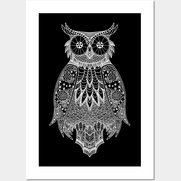 Owl Lineart White Wall Art by ChePanArt